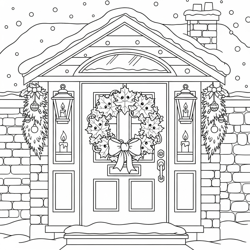 Mittlerer Cartoon Ahornblatt Kranz für die Feiertage zum Ausmalen coloring page printable