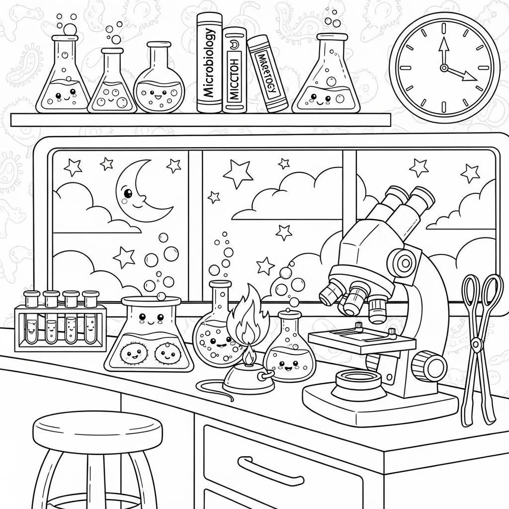 Medium Cartoon Microbiology Lab Coloring Page for Kids coloring page printable