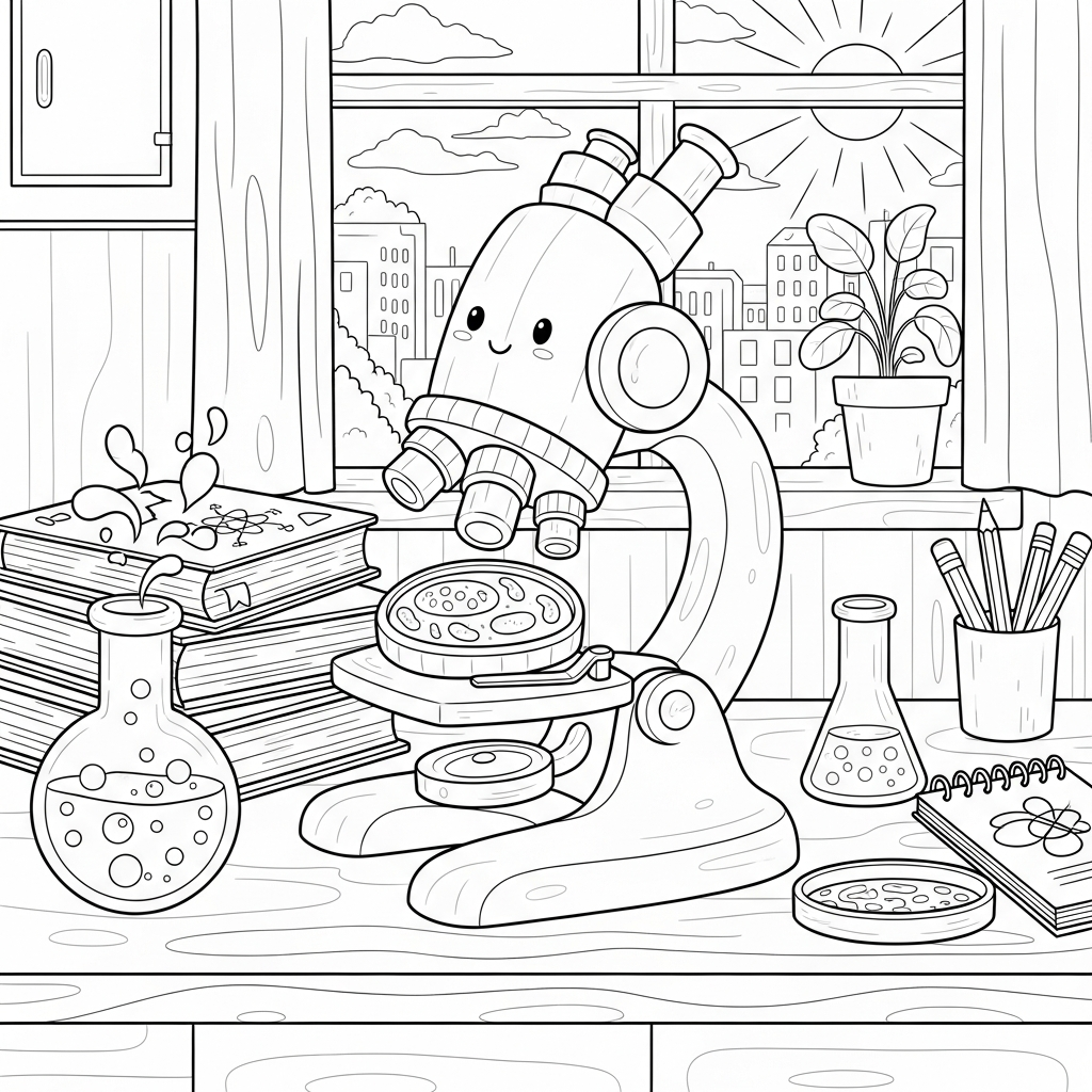 Pagina da Colorare: Microscopio Cartone Medio su Scrivania di Laboratorio coloring page printable