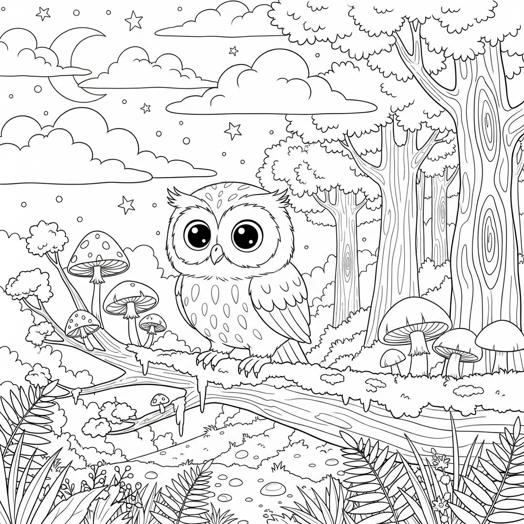 Cute Cartoon Owl with Forest Mushrooms Coloring Page coloring page printable