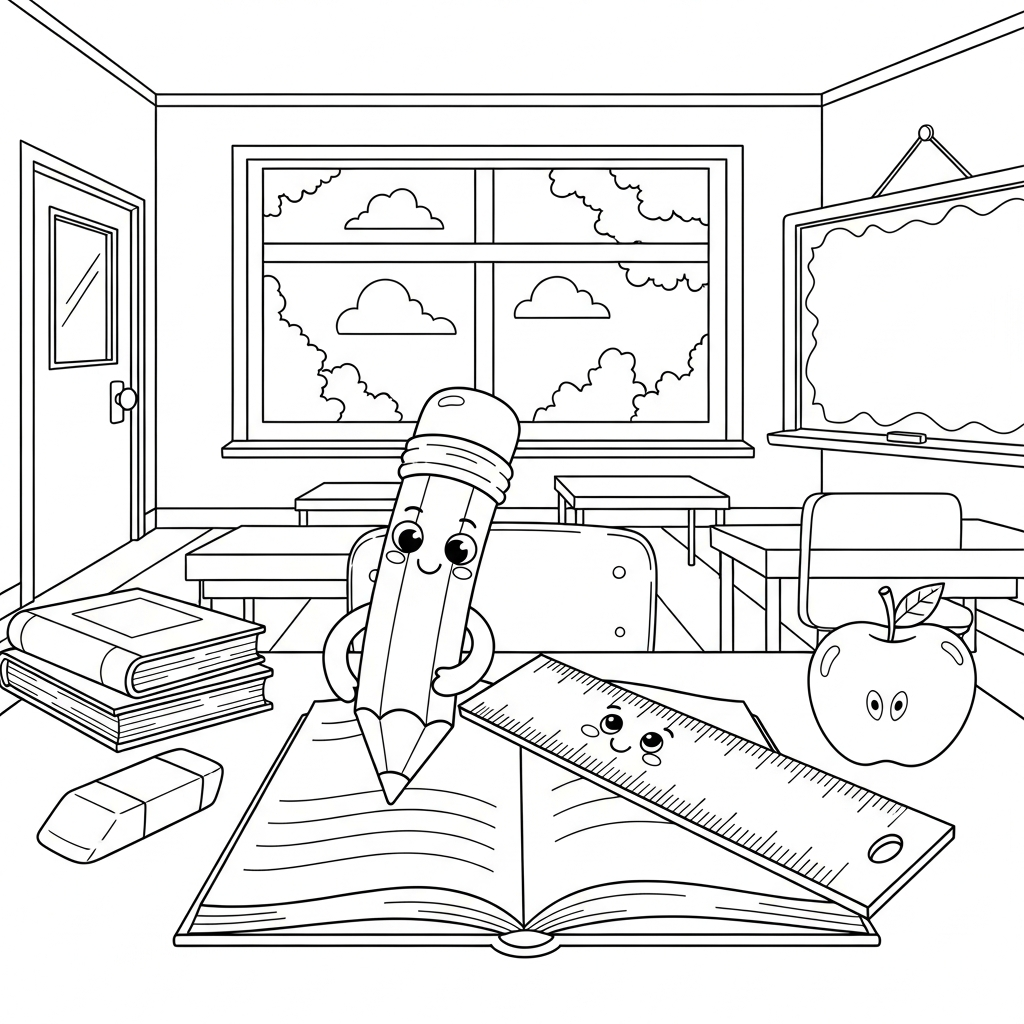 Página para Colorir: Lápis e Régua em uma Mesa de Deveres coloring page printable