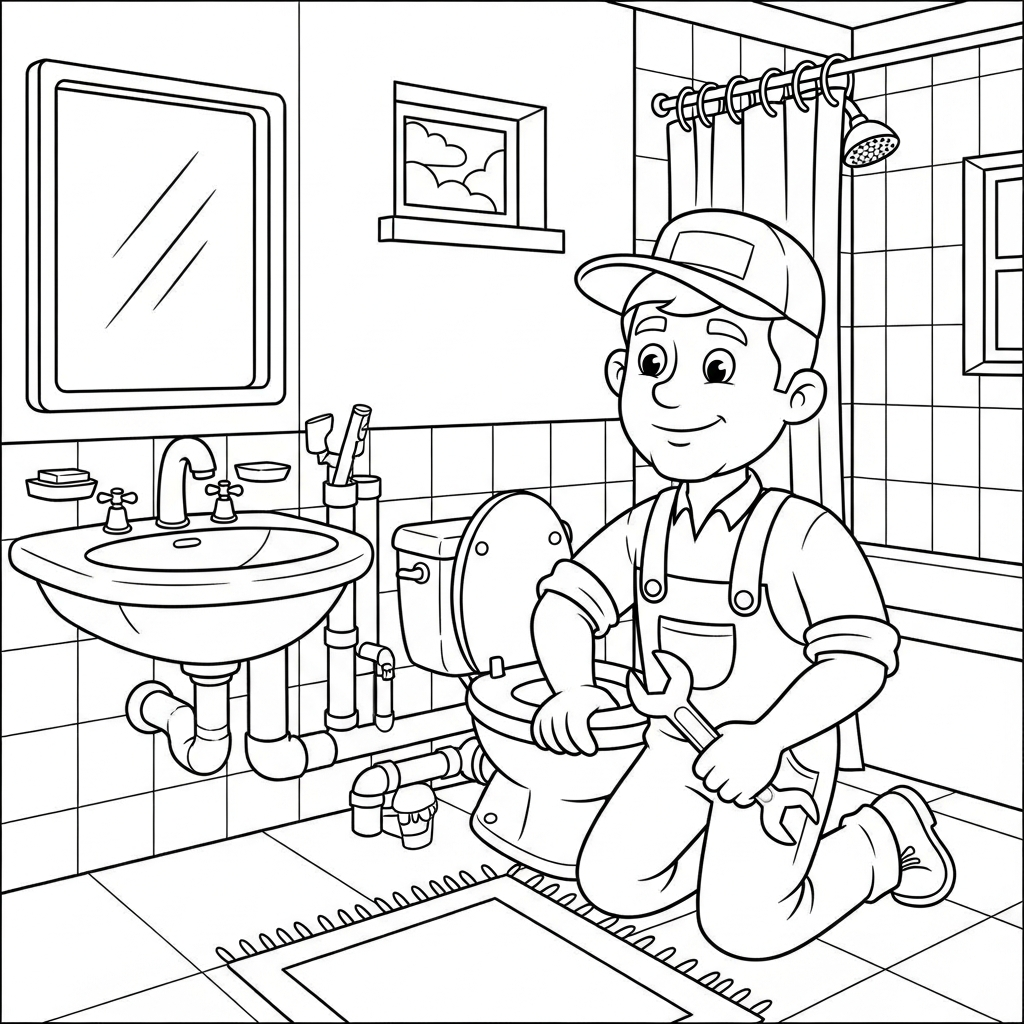 Middelgrote Cartoon Loodgieter Werkt In Een Badkamer Kleurenpagina coloring page printable