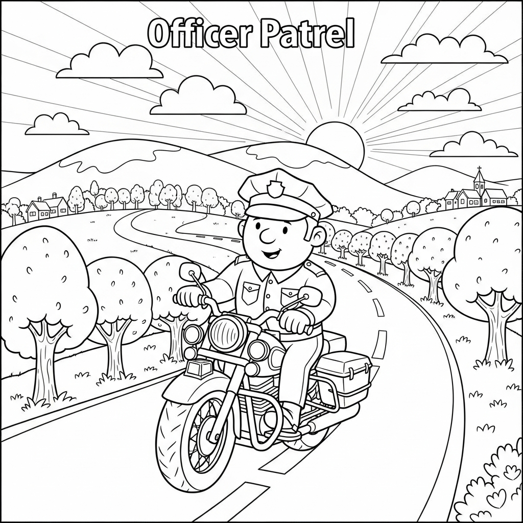 Fun Cartoon Police Officer on Motorcycle Coloring Page coloring page printable