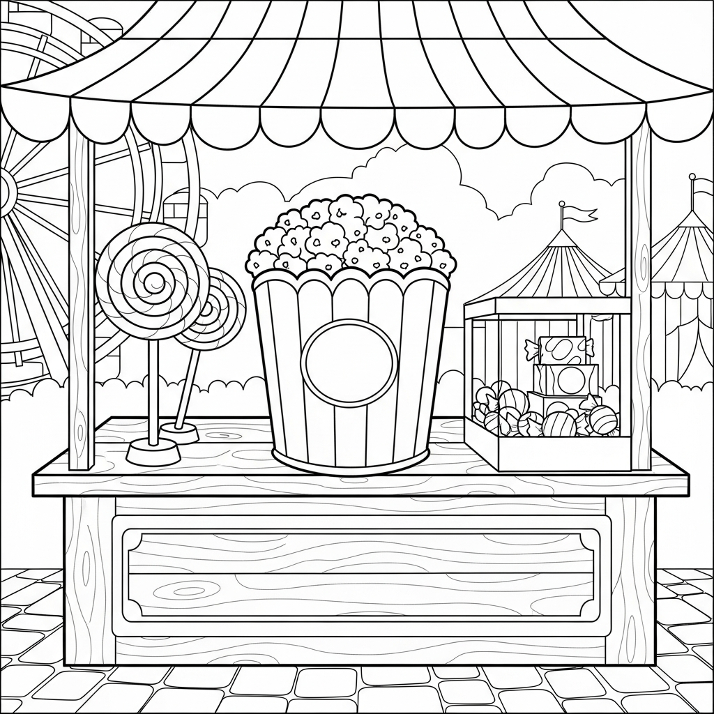 Middelgrote Cartoon Popcorn Emmer In Een Carnaval Snackstand Kleurpagina coloring page printable
