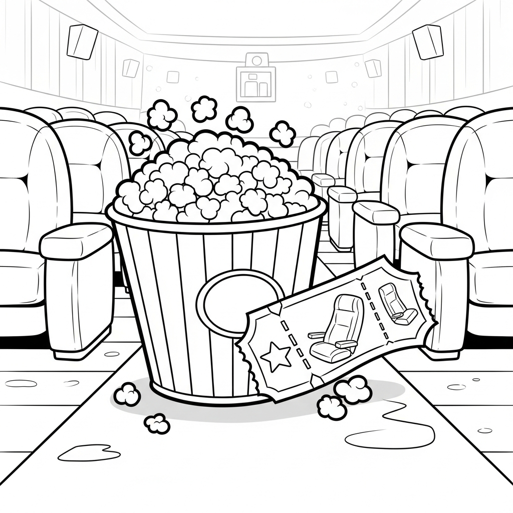 Dessin à Colorier : Seau de Popcorn Cartoon Medium Avec Ticket de Cinéma coloring page printable