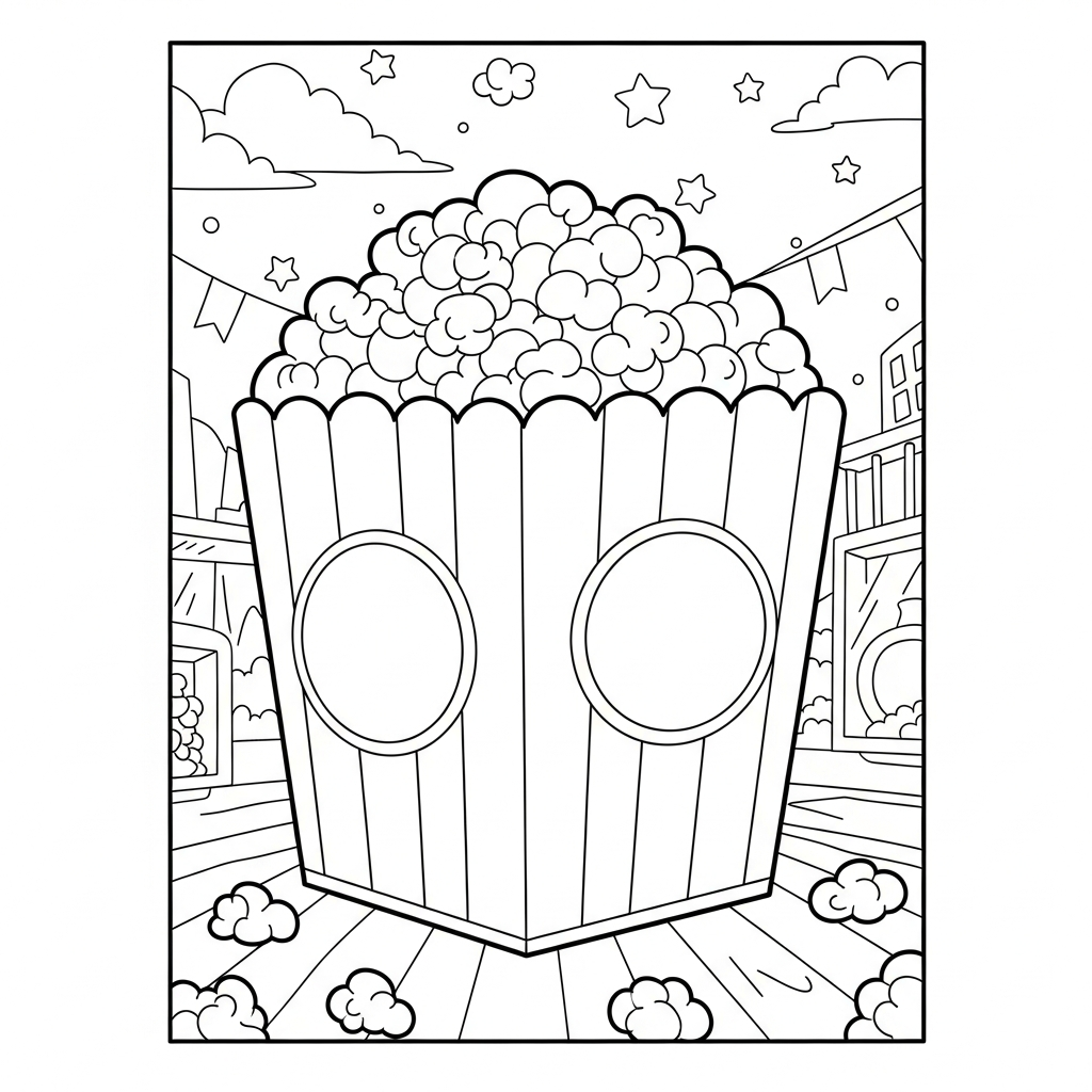 Pagina Da Colorare: Secchio di Popcorn Cartoon per la Serata Cinema coloring page printable