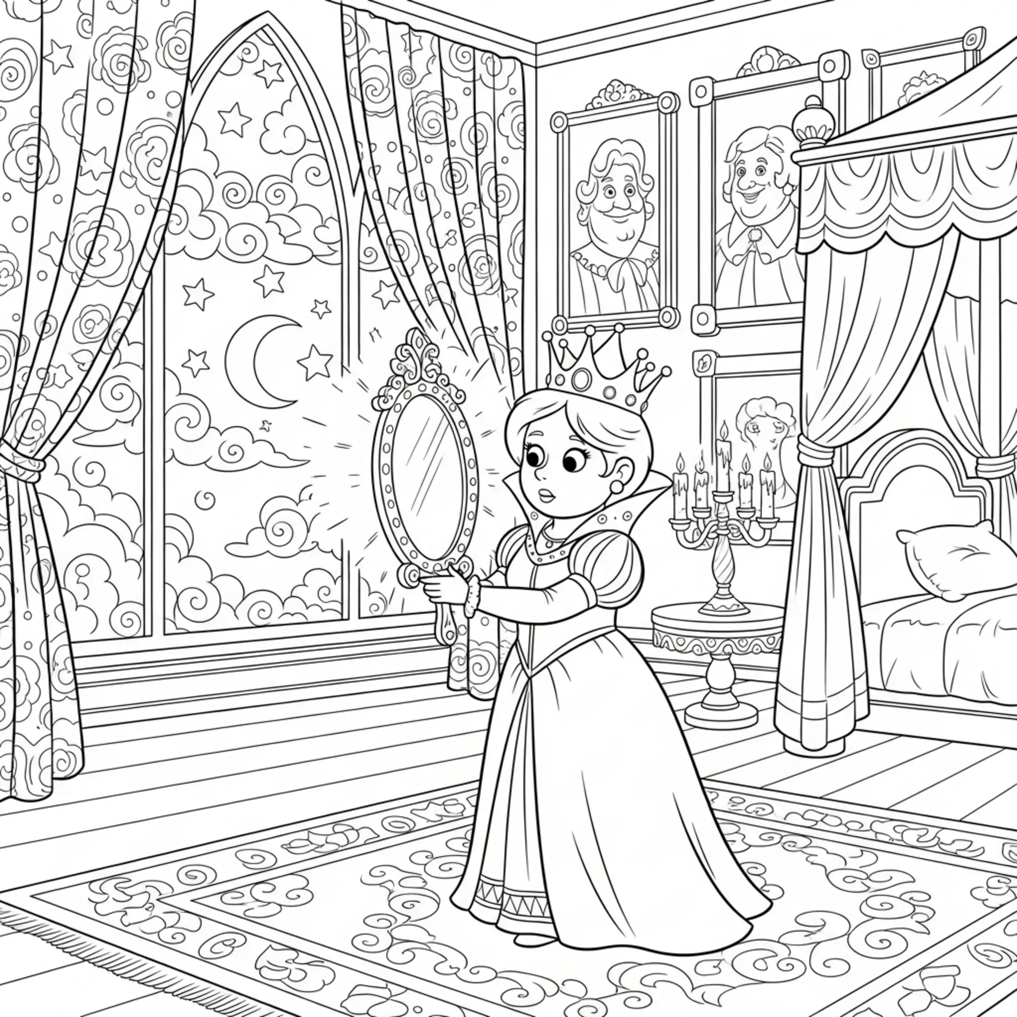 Página para Colorir da Rainha Cartoon Média com um Espelho Mágico coloring page printable
