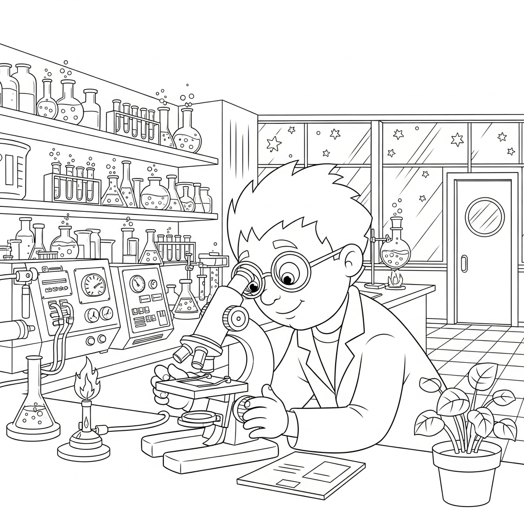 Fun Coloring Page of a Cartoon Scientist with Microscope in the Lab coloring page printable