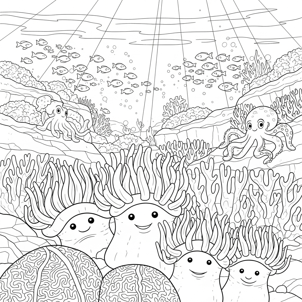 Coloriage Moyen : Anémones de Mer et Corail en Dessin Animé coloring page printable