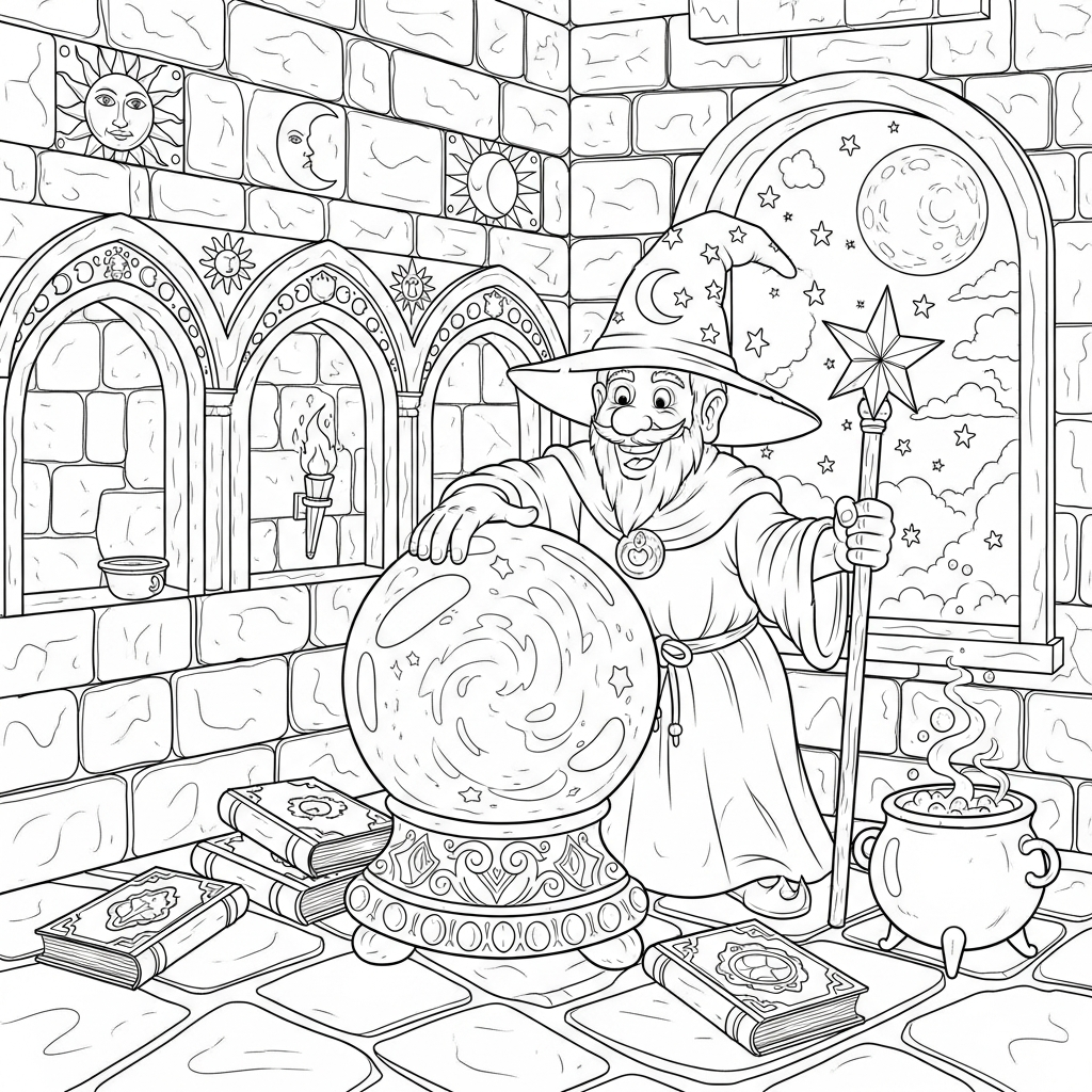 Cartoon Sorcerer with Crystal Ball Coloring Page coloring page printable