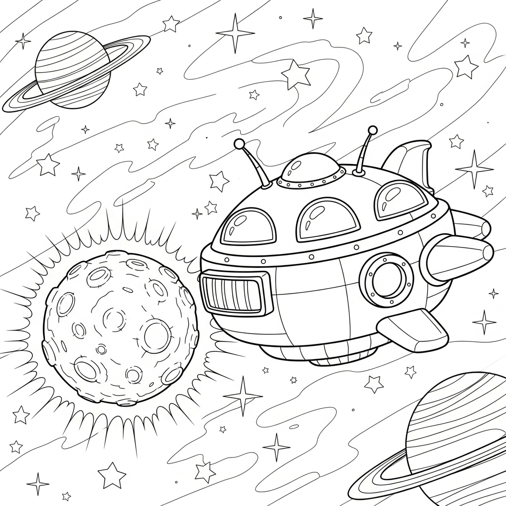 Página para Colorir de Naves Espaciais em Cartum Orbitando uma Lua Brilhante coloring page printable