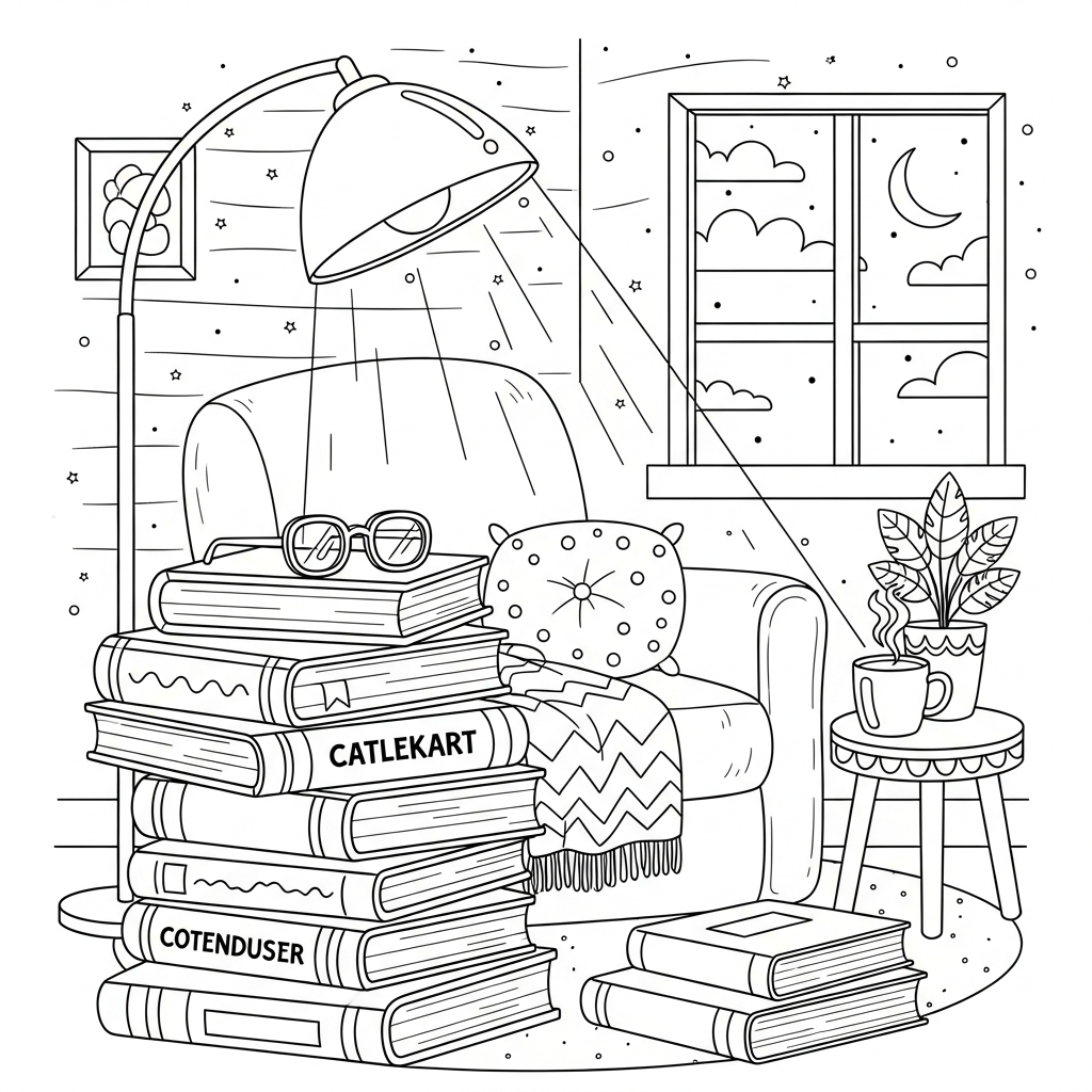 Dessins à colorier : Empilement de livres dans un coin lecture douillet coloring page printable