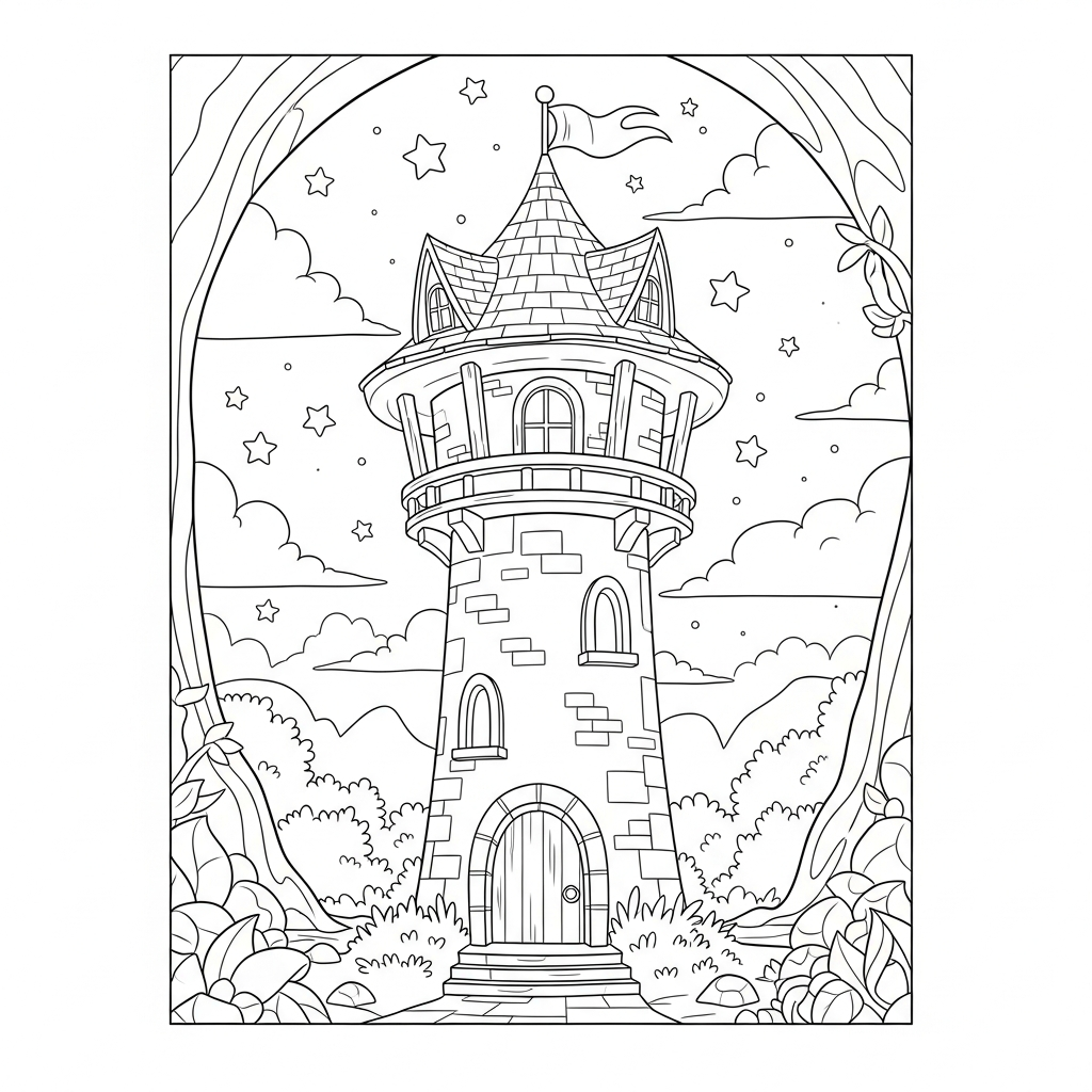 Mittlere Cartoon-Märchenbuch-Turm im Verzauberten Wald Ausmalbild coloring page printable