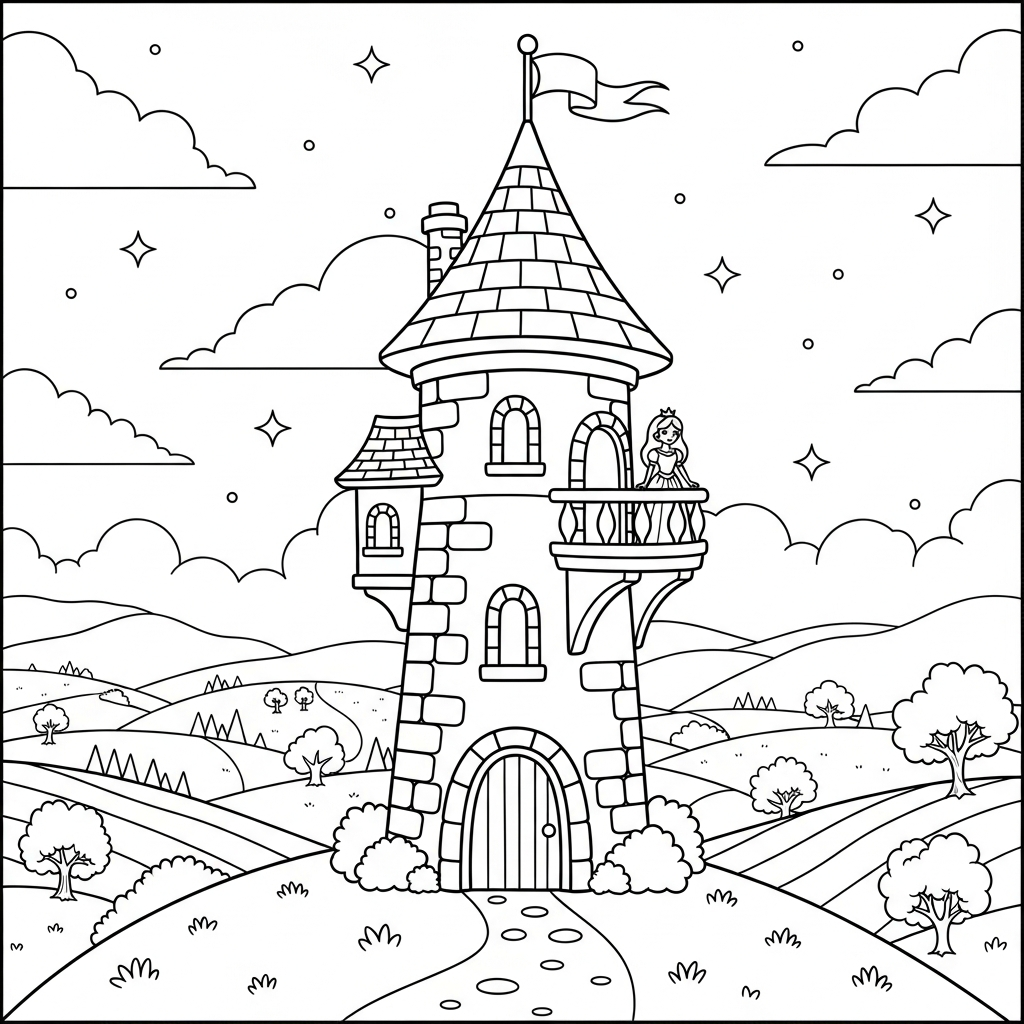 Tour de conte avec balcon de princesse - Page à colorier coloring page printable