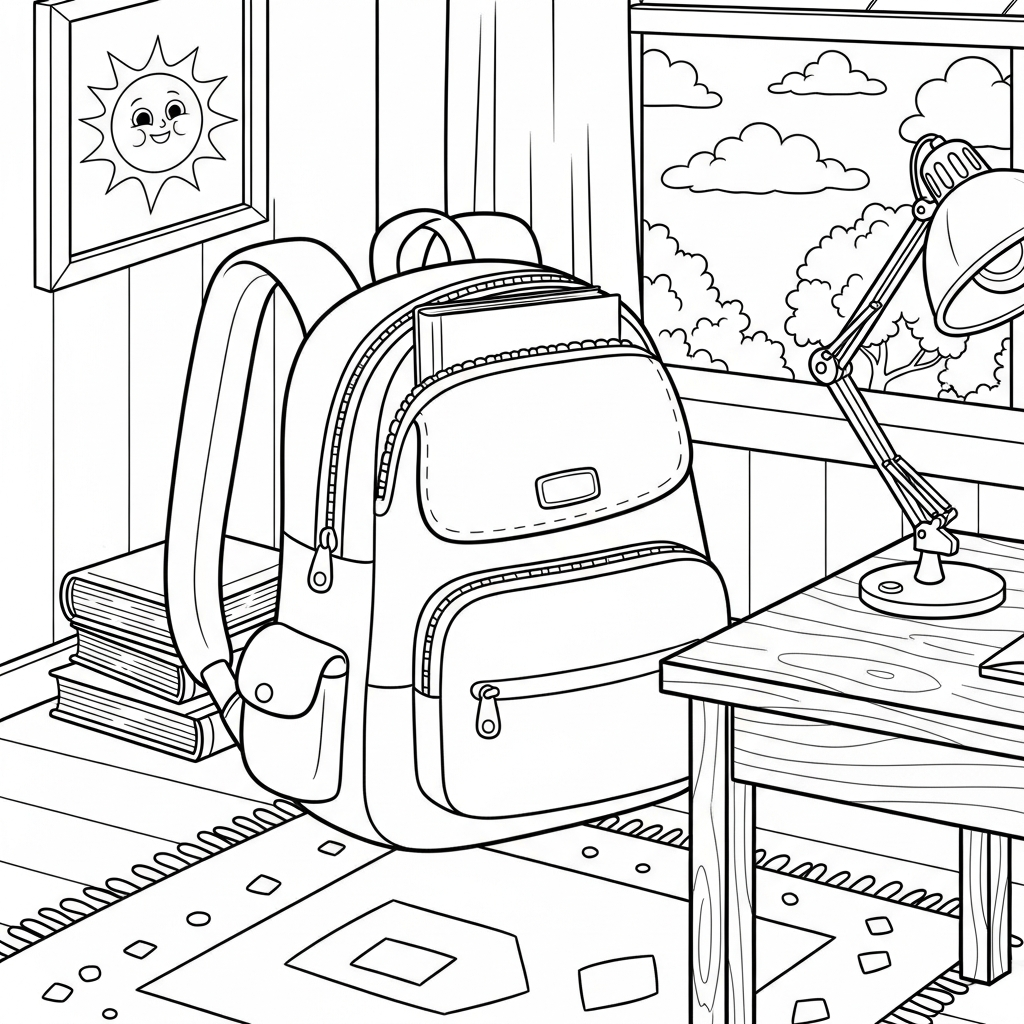 Coloriage de Sac à Dos Étudiant Cartoon dans un Coin de Chambre coloring page printable