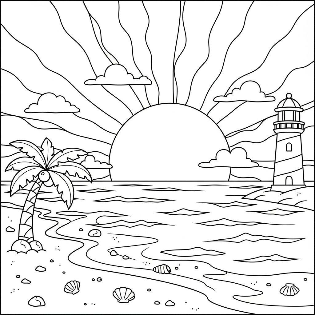 Desenho Para Colorir: Pôr do Sol Cartoon na Praia coloring page printable