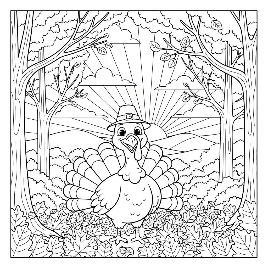 Page de Coloriage : Dinde de Thanksgiving en Cartoon au Milieu des Feuilles d'Automne coloring page printable