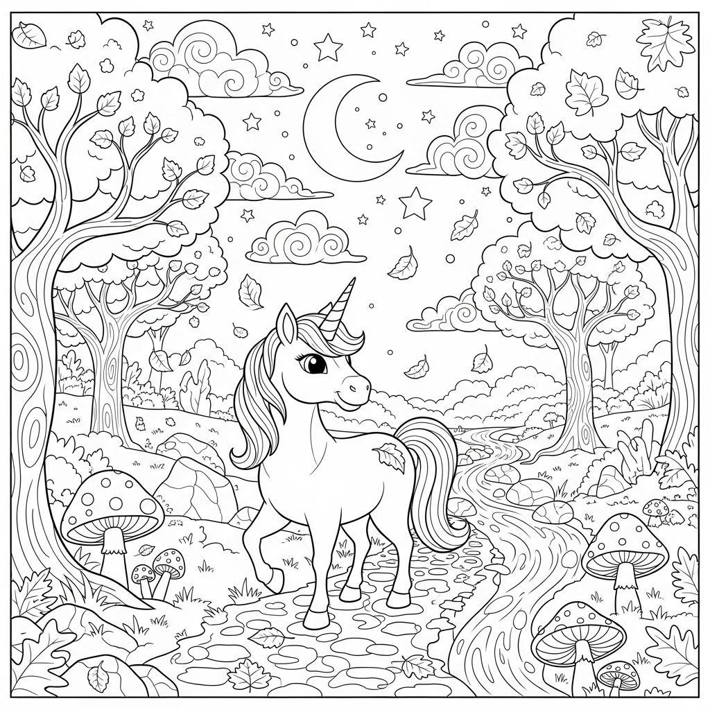 Pagine da Colorare: Unicorno Cartone Medio in una Magica Foresta Autunnale coloring page printable