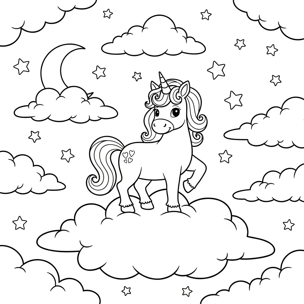 Mittlere Cartoon-Einhorn-Malvorlage auf einer Wolke coloring page printable