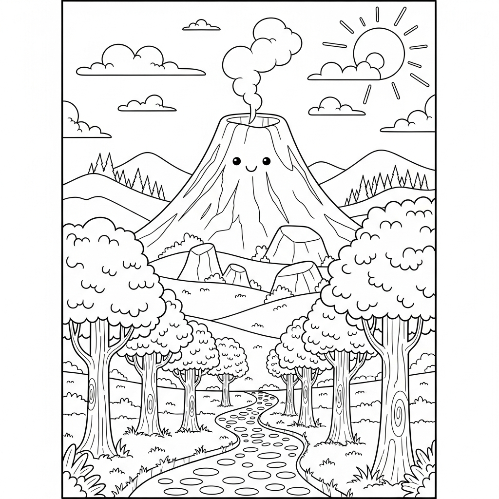Pagina da Colorare Vulcano Cartone Animato e Sentiero nel Bosco coloring page printable