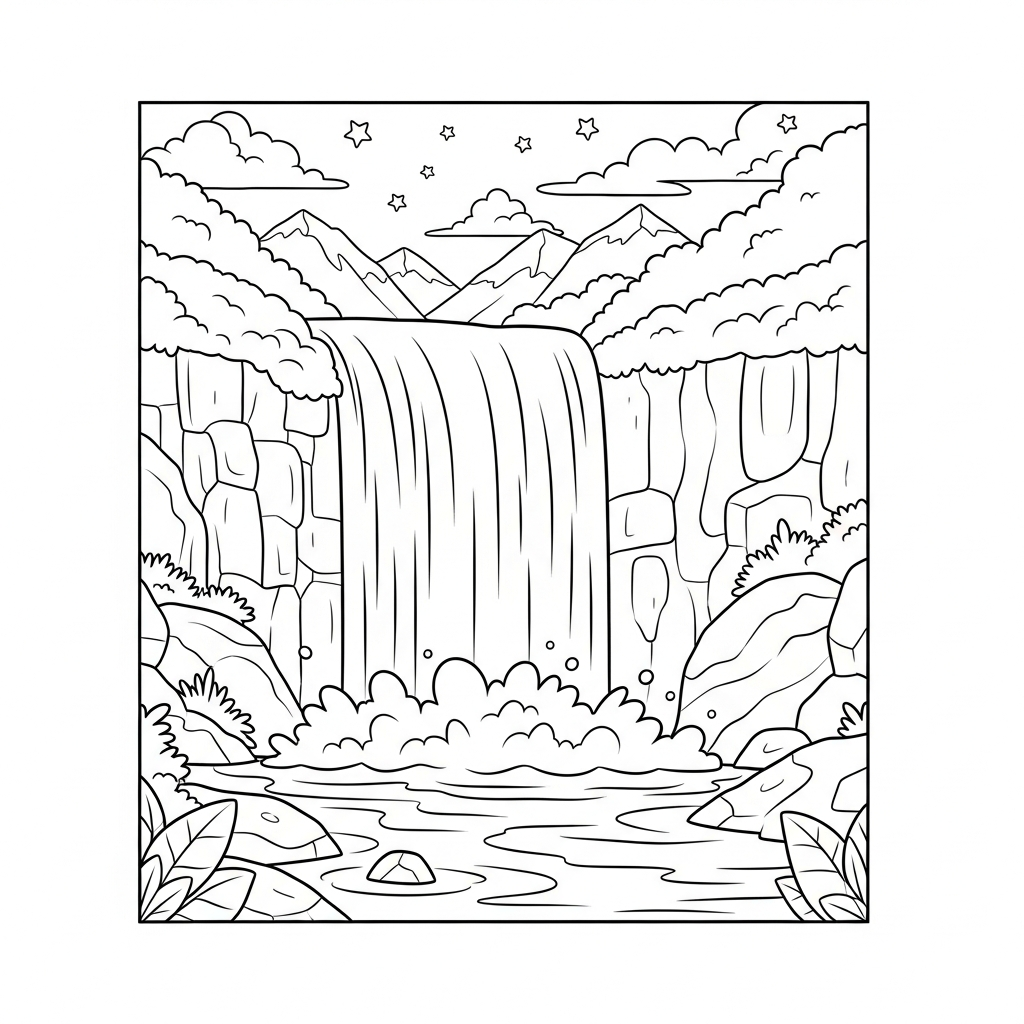 Middelgrote Cartoon Waterval In Bergbos Kleurplaat coloring page printable