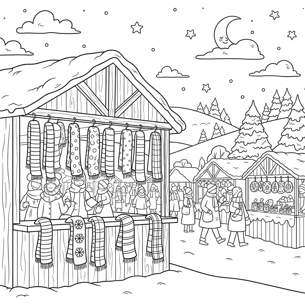 Página para Colorear de Escena de Mercado Invernal de Dibujos Animados con Bufandas coloring page printable