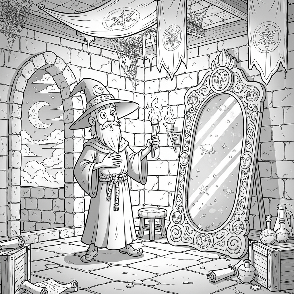 Kleurplaat van een Middelgrote Cartoonwizard met een Magische Spiegel coloring page printable