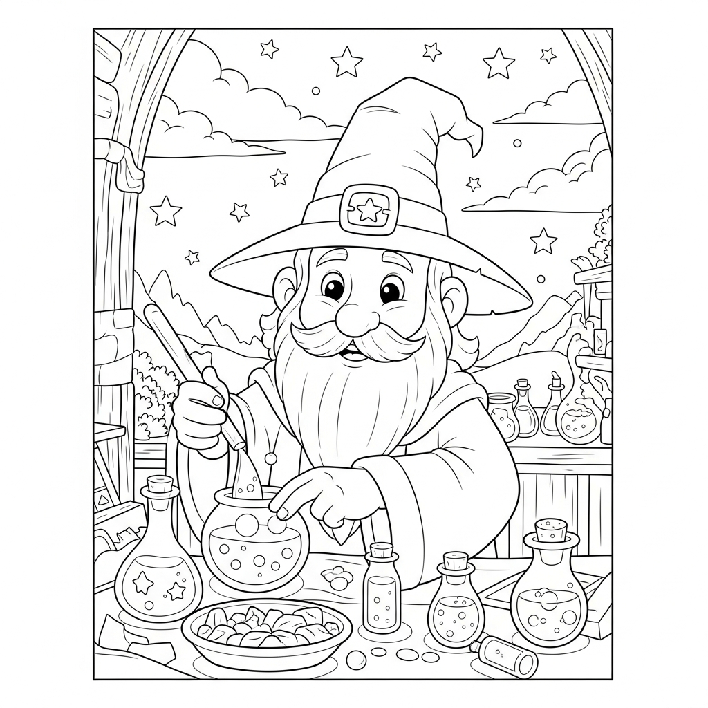 Fun Coloring Page of a Cartoon Wizard Mixing Potions in a Magical Lab coloring page printable