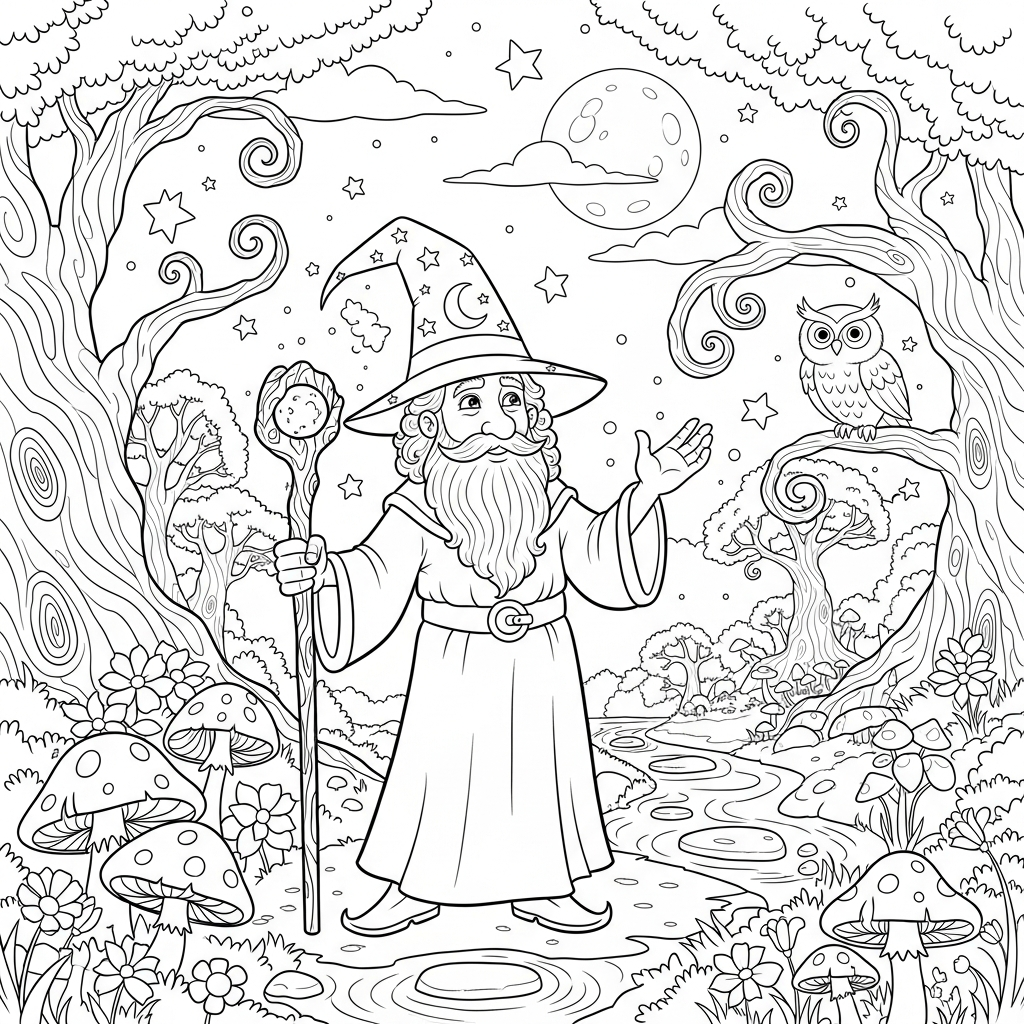 Enchanting Coloring Page of a Cartoon Wizard in a Mystical Forest coloring page printable