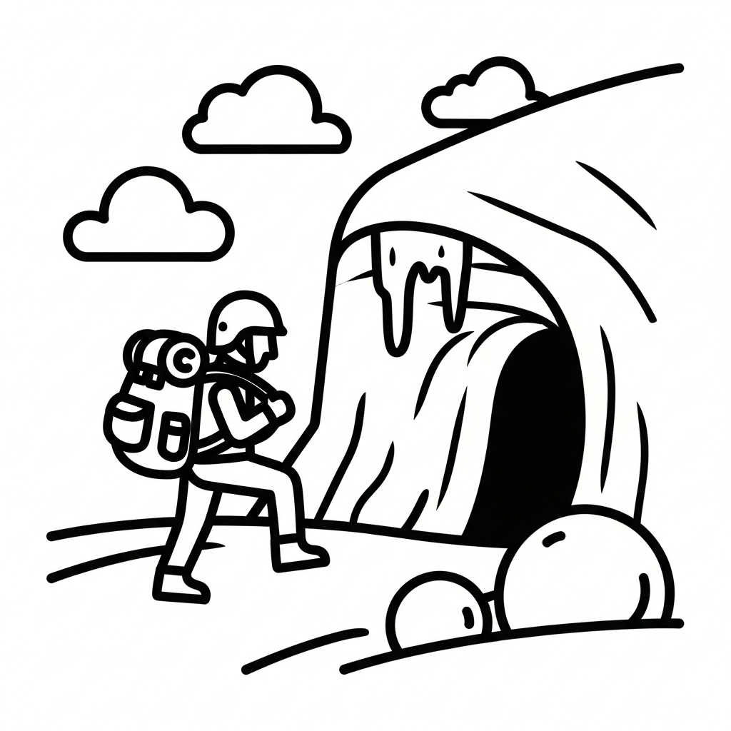 Fun Adventurer Entering Cave Coloring Page for Kids coloring page