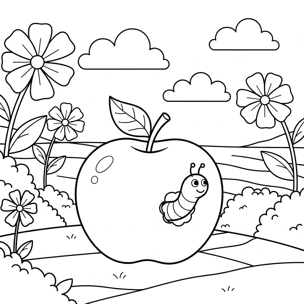 Einfache Apfel- und Wurm-Malvorlage im Garten coloring page printable