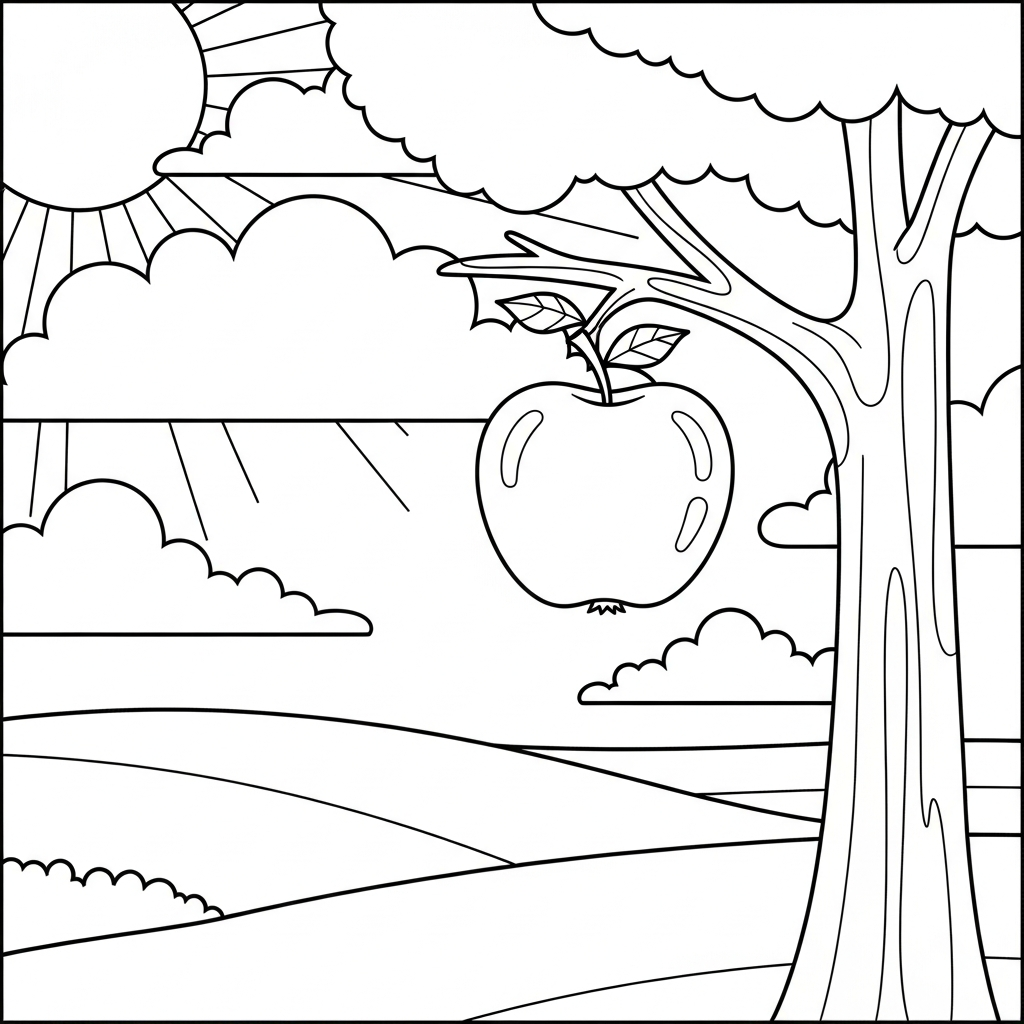 Fun Apple on Tree Coloring Page for Kids coloring page