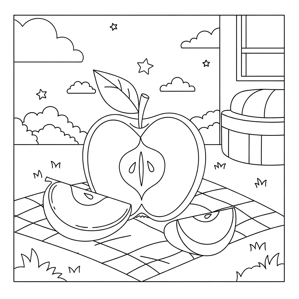 Gabarit de Dessin: Tranches de Pomme Faciles sur Couverture de Pique-Nique coloring page