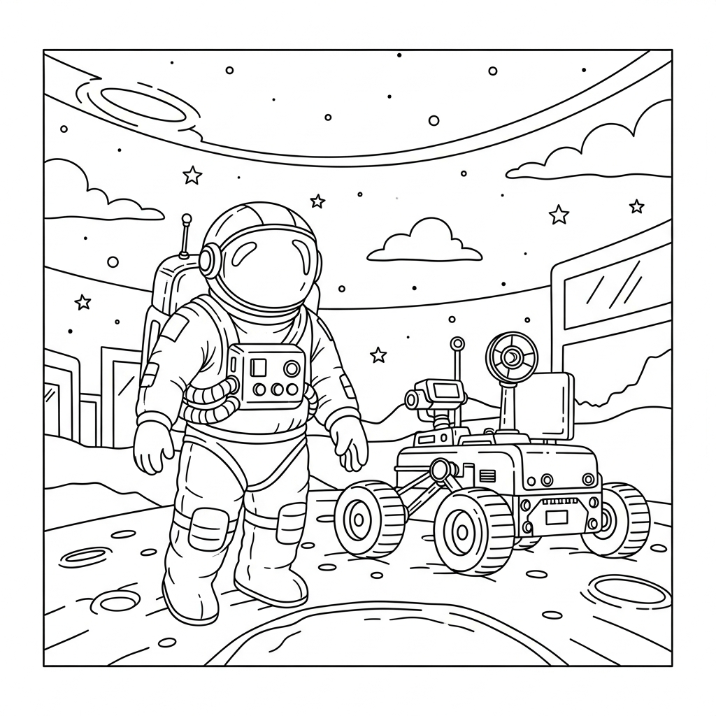 Pagina da Colorare Astronauta e Rover Sulla Superficie Lunare Facile coloring page