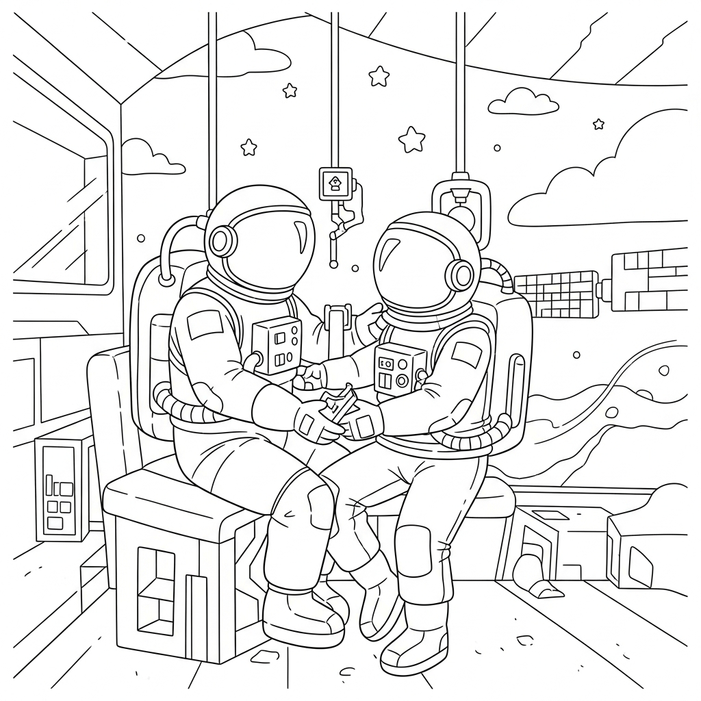 Eenvoudige Kleurplaat: Astronaut die Ruimtestation Repareert coloring page