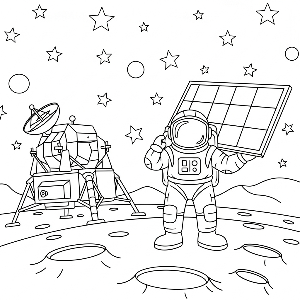 Fun Coloring Page: Astronauts Installing Solar Panels on the Moon coloring page