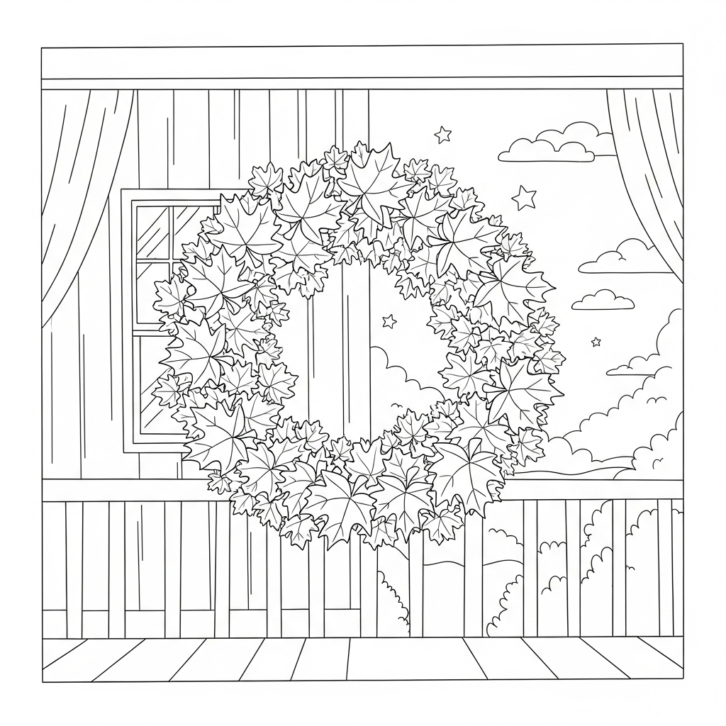 Einfache Herbstbaumblattkranz Ausmalbild Für Die Bauernhausveranda coloring page