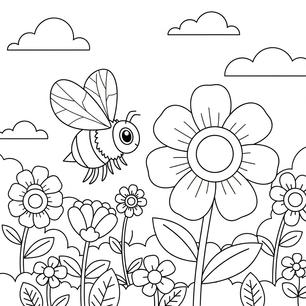 Delightful Bees in Bloom: Printable Coloring Page coloring page