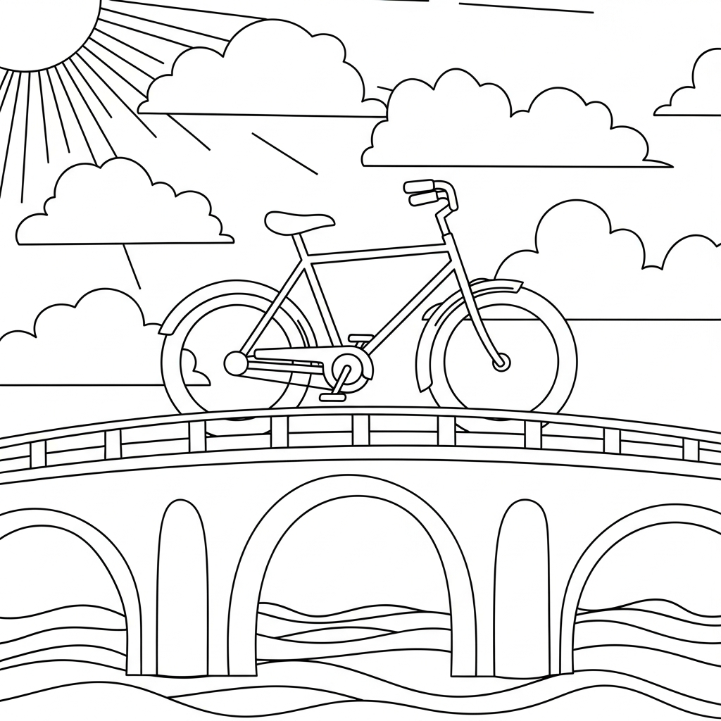 Easy Bicycle Crossing Bridge Coloring Page for Kids coloring page