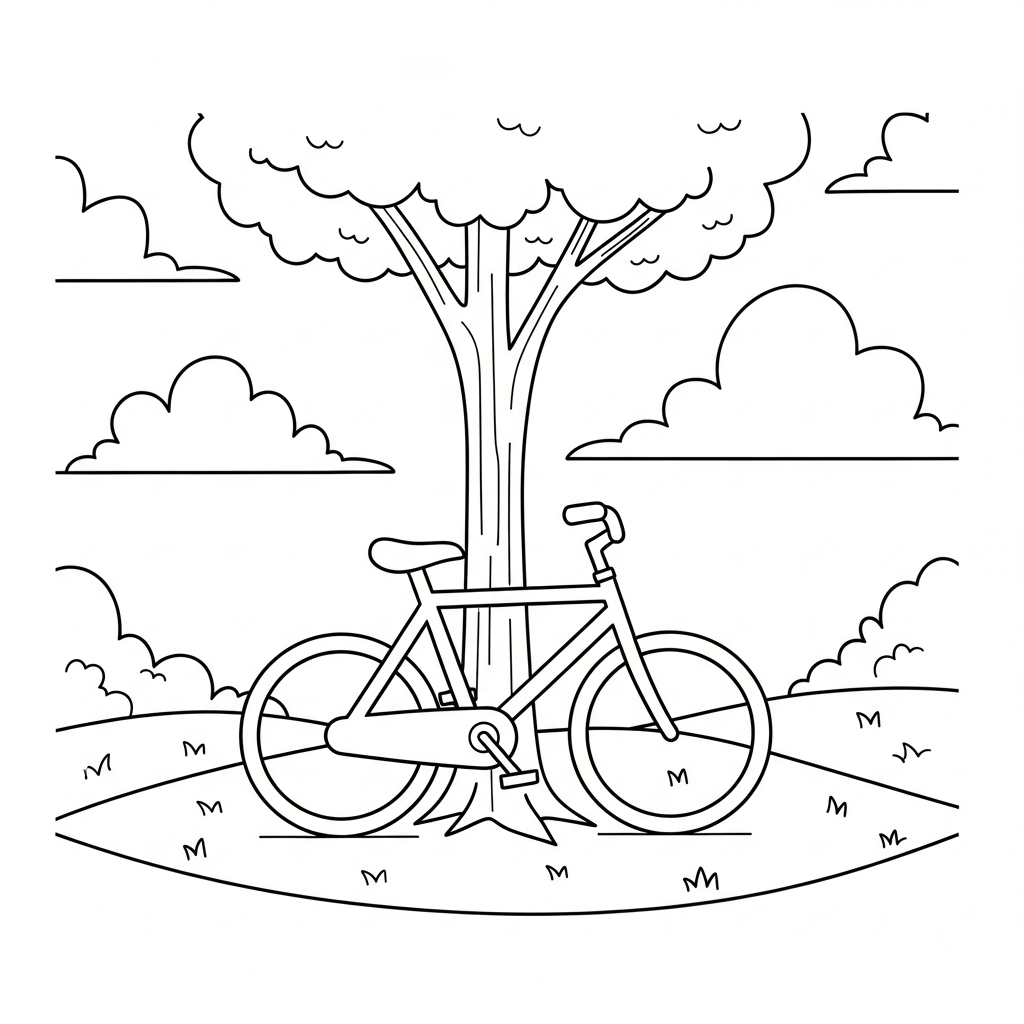 Coloring Page: Bicycle Leaning Against Tree coloring page