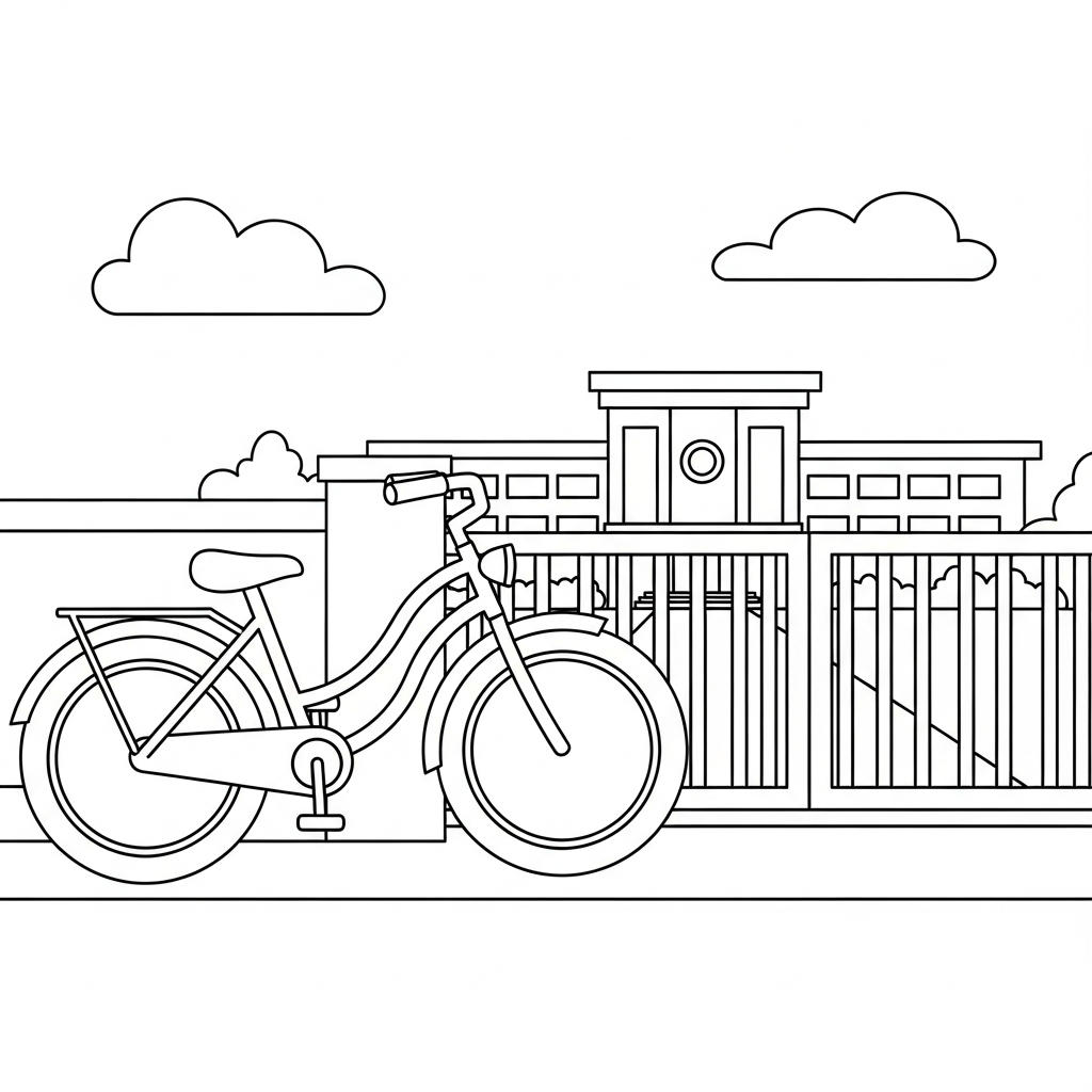 Printable Bicycle Coloring Page Near School Gate coloring page