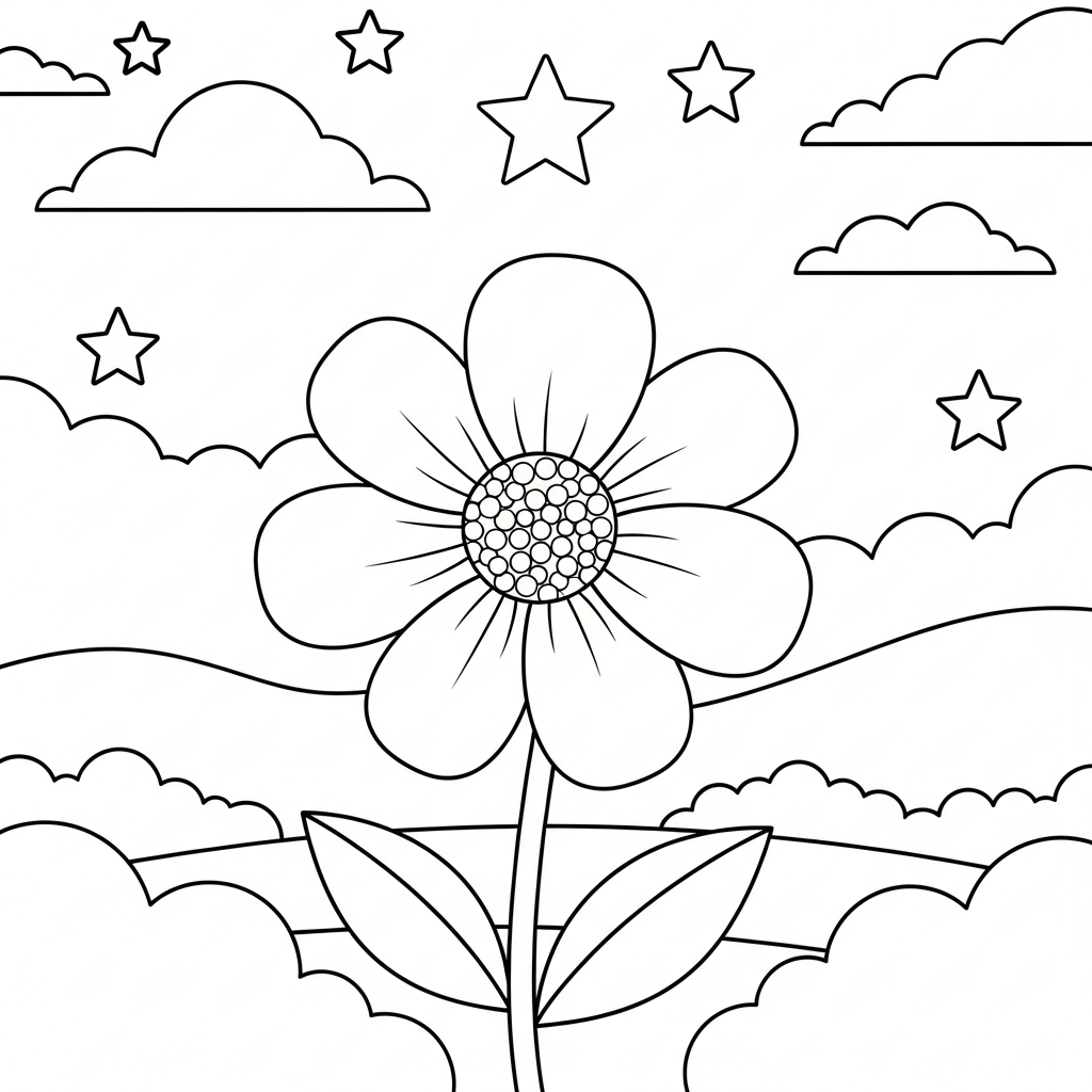 Printable Blooming Flower Coloring Page in a Serene Landscape coloring page