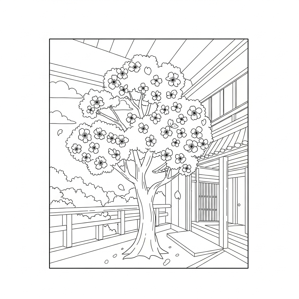 Charming Cherry Blossom Tree Coloring Page by Traditional Japanese House coloring page