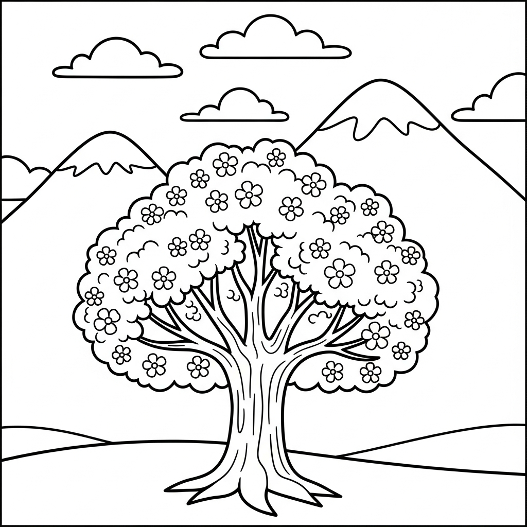 Einfache und schöne Ausmalseite mit blühendem Kirschbaum im Gebirgslandschaft coloring page printable