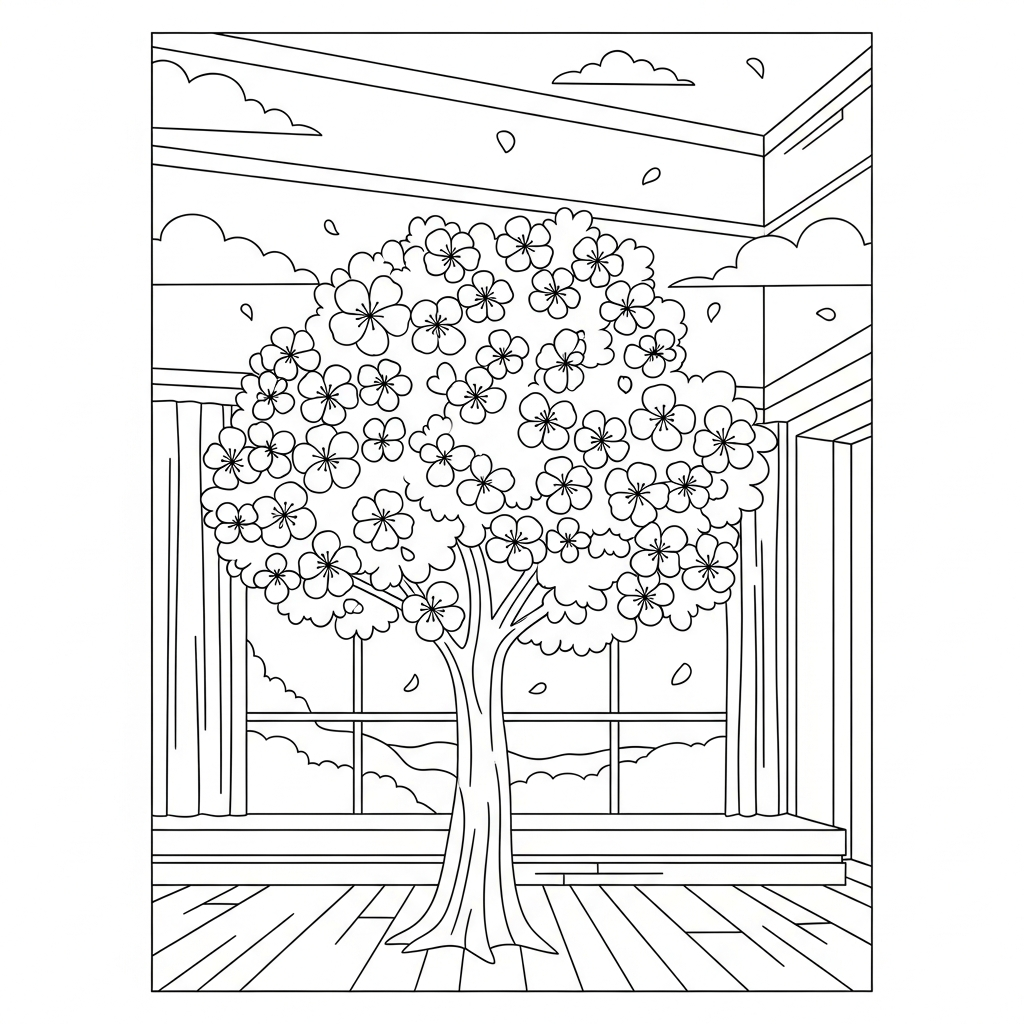Desenho para Colorir de Uma Simples Cerejeira Florescendo em um Quintal Tranquilo coloring page