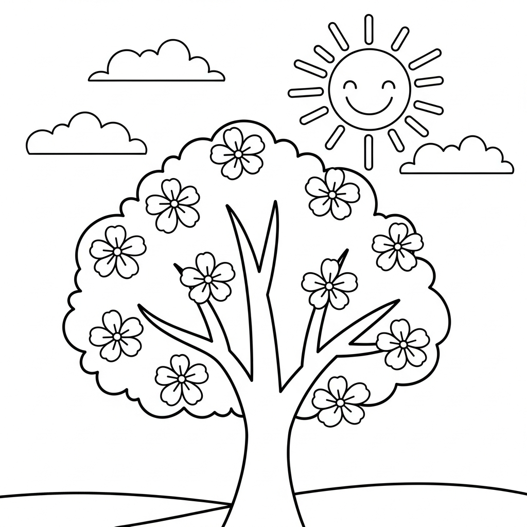 Einfache, blühende Kirschbaum-Ausmalbild unter einem sonnigen Himmel coloring page printable
