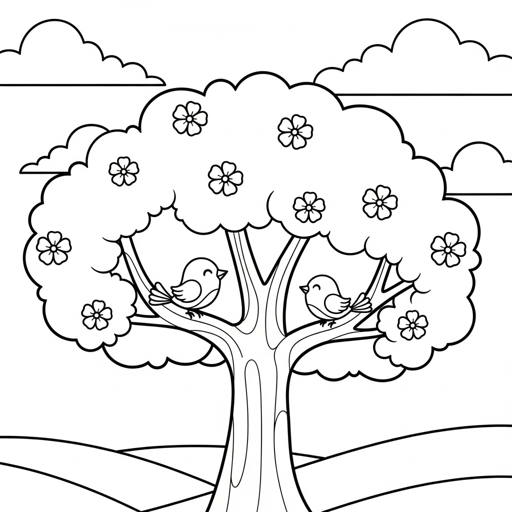 Einfache Ausmalvorlage: Blühender Kirschbaum mit Vögeln auf Ästen coloring page printable