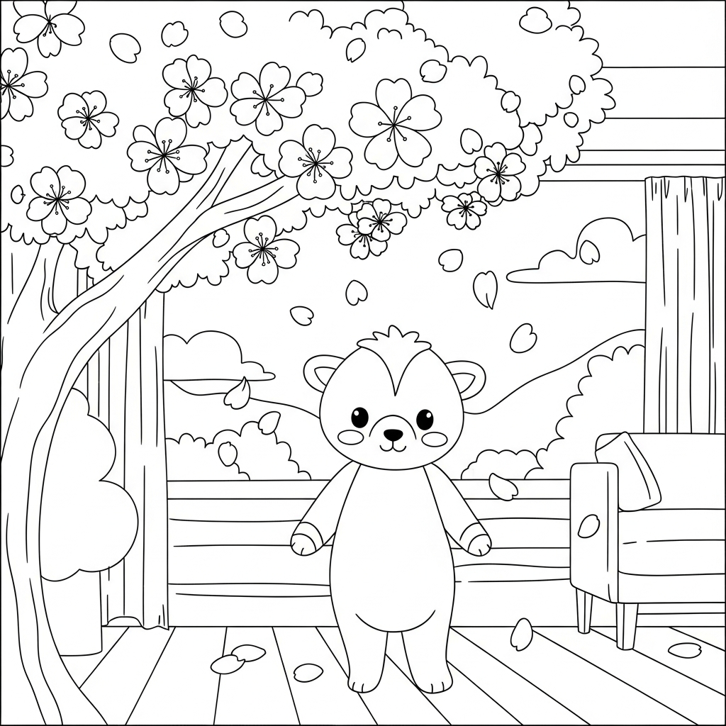 Blossoming Cherry Tree with Falling Petals Coloring Page for Kids coloring page