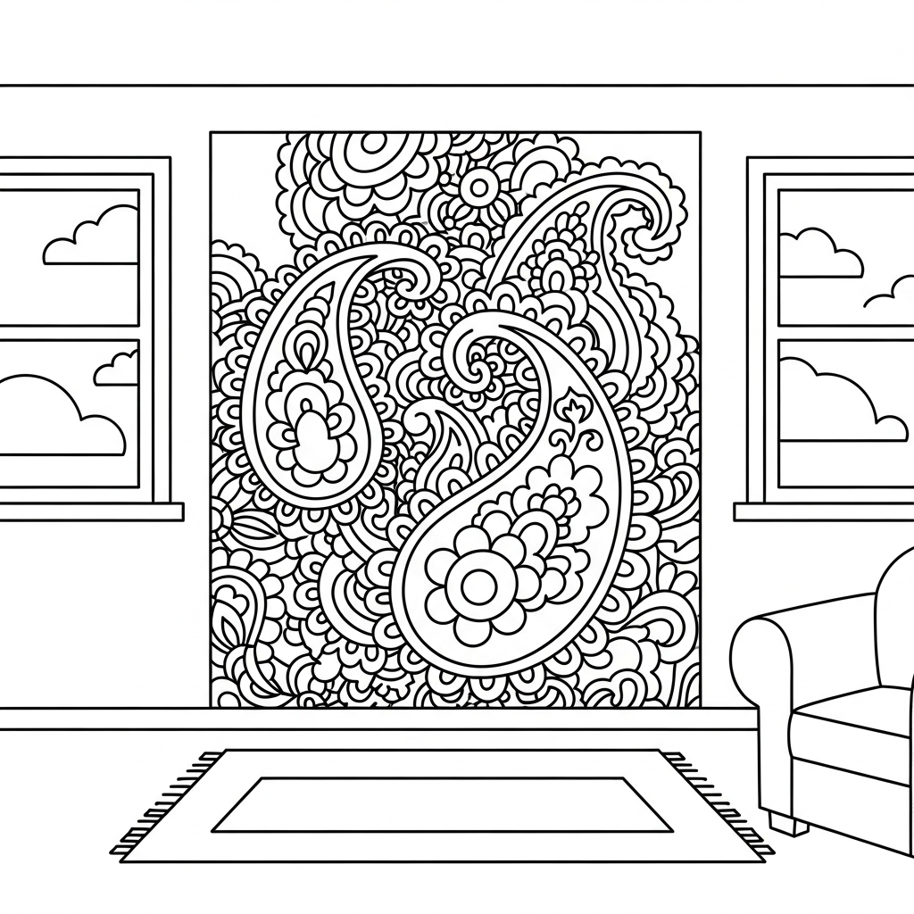 Página para Colorear Fácil de Arte en Pared Bohemio con Diseño Paisley coloring page printable