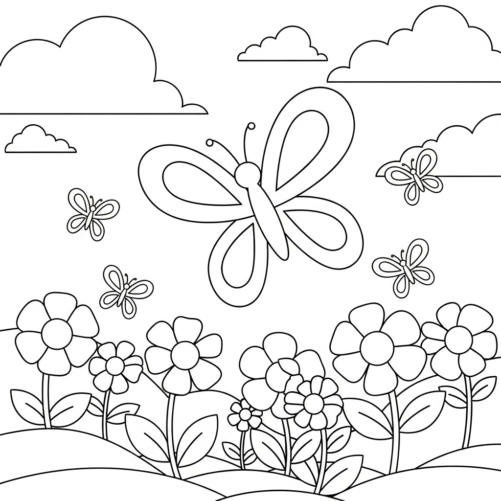 Fun Butterflies Flying Over a Flower Garden Coloring Page for Kids coloring page printable